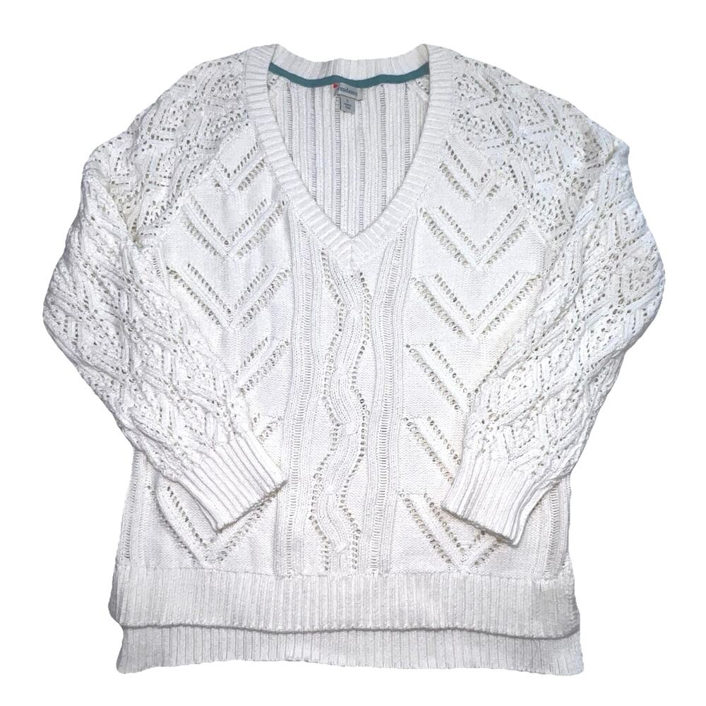 Sundance Cable-Knit Sweater Size S White V-Neck Knit Cotton Blend Pullover Beach